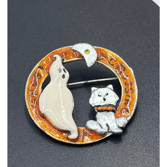 TC Ghost Crossing Halloween Spooky Ghost Cat Orange Brooch - Picture 6 of 7